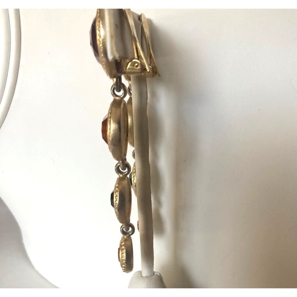 Vintage Ben Amun Clip On Dangle Earrings Amber Gold Tone Gems Regency Statement - Picture 8 of 9